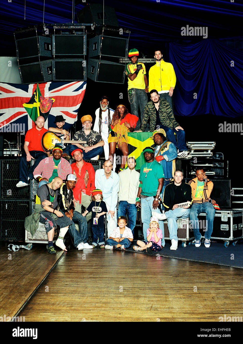 Portrait of UK and Jamaican artists involved in the Wall of Sound Two Culture Clash project. Stock Photo