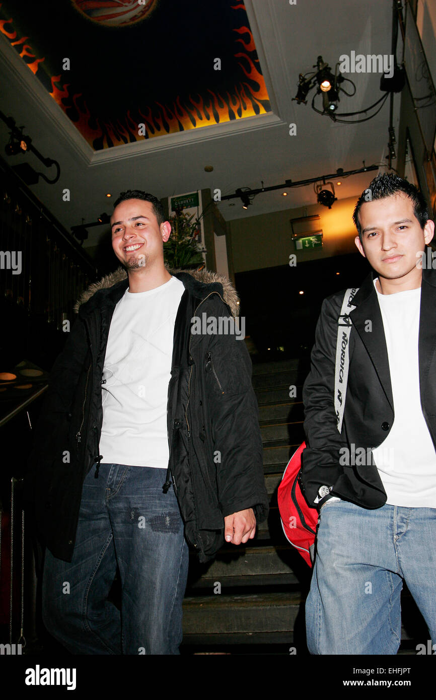 Julian M and Kevin Sousa Latin DJs entering Sound nightclub in London. Stock Photo