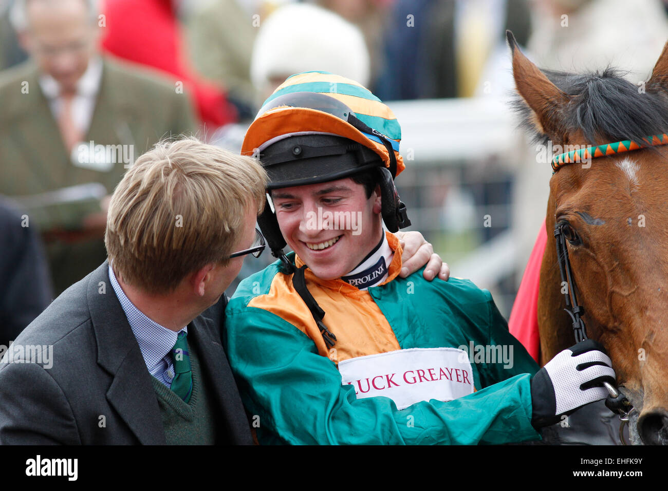 Cheltenham, UK. 12th March, 2015. Winners presentation with Trainer Warren Greatrex and Gavin Sheehan after winning the Ladbrokes World Hurdle Grade 1 with Cole Harden. Credit: Lajos-Eric Balogh/turfstock. Credit:  dpa picture alliance/Alamy Live News Stock Photo