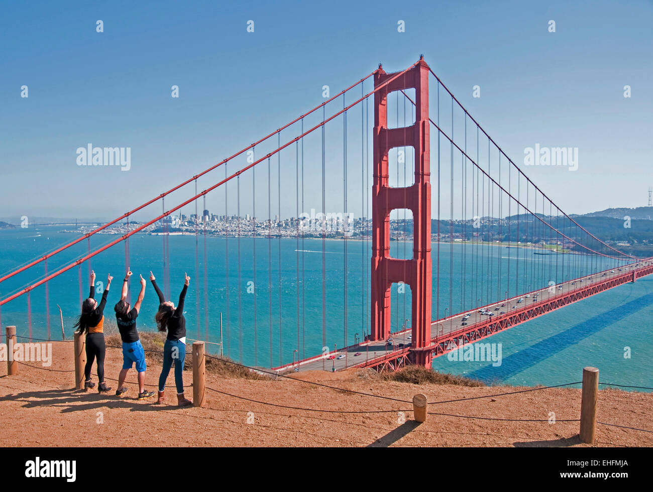 San Francisco Golden Gate Bridge with young fans. Stock Photo
