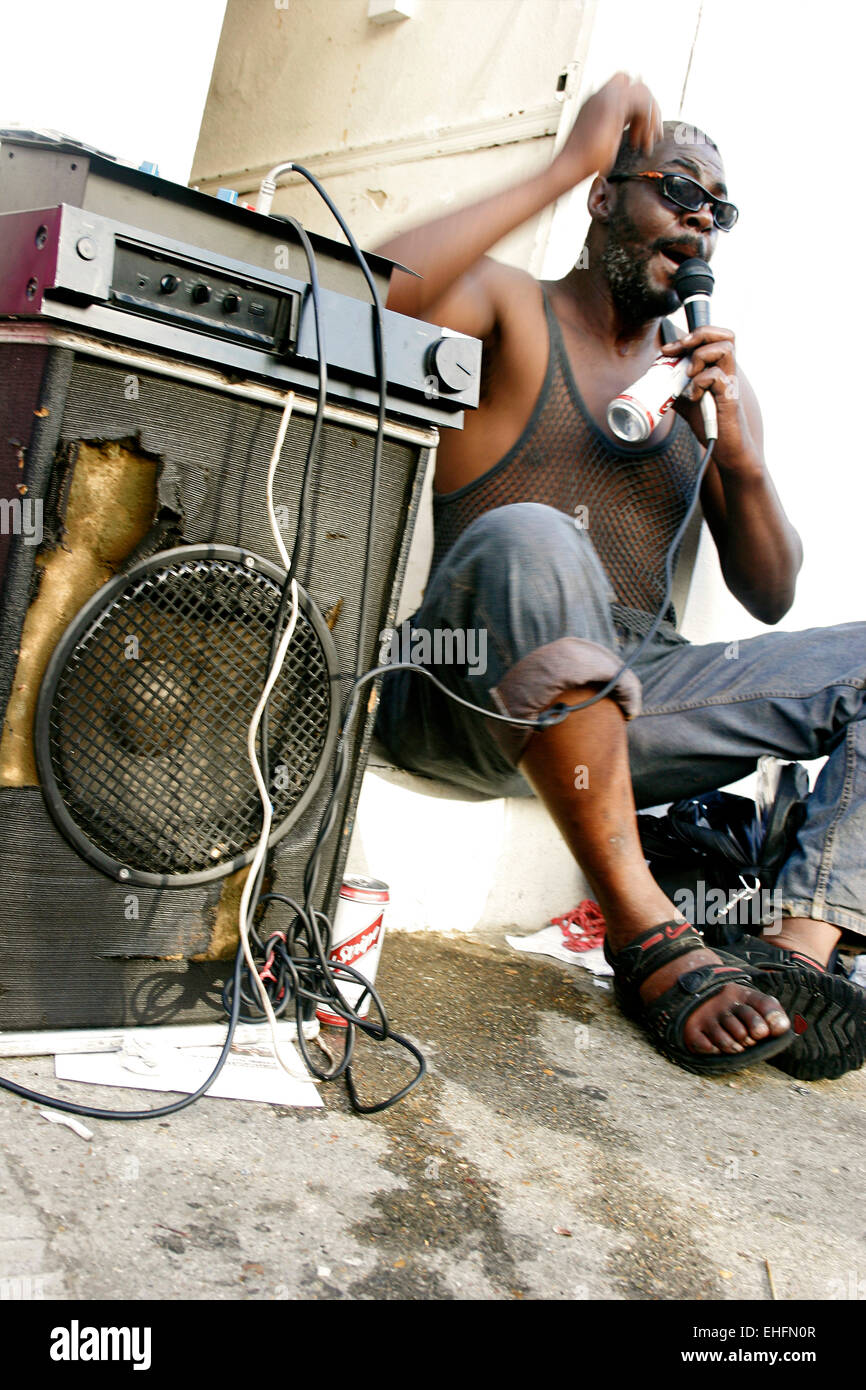 Guy with mic and speaker at the Notting Hill Carnival London. Stock Photo