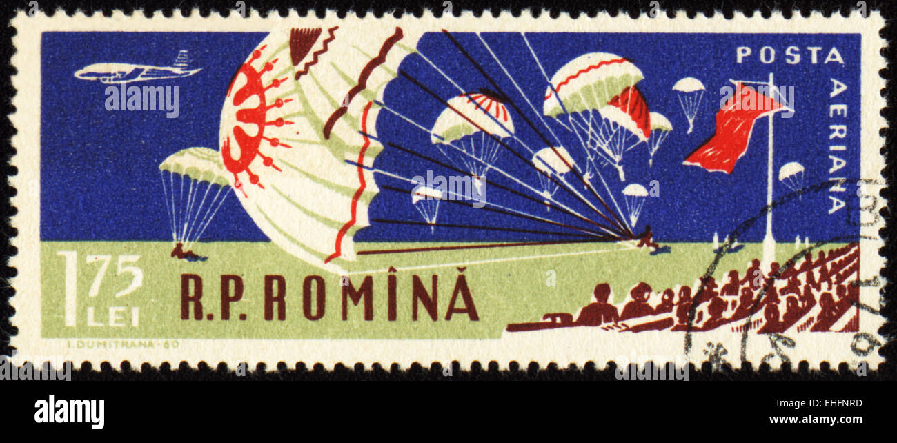 ROMANIA - CIRCA 1960: Parachutes at aviation sports event Stock Photo