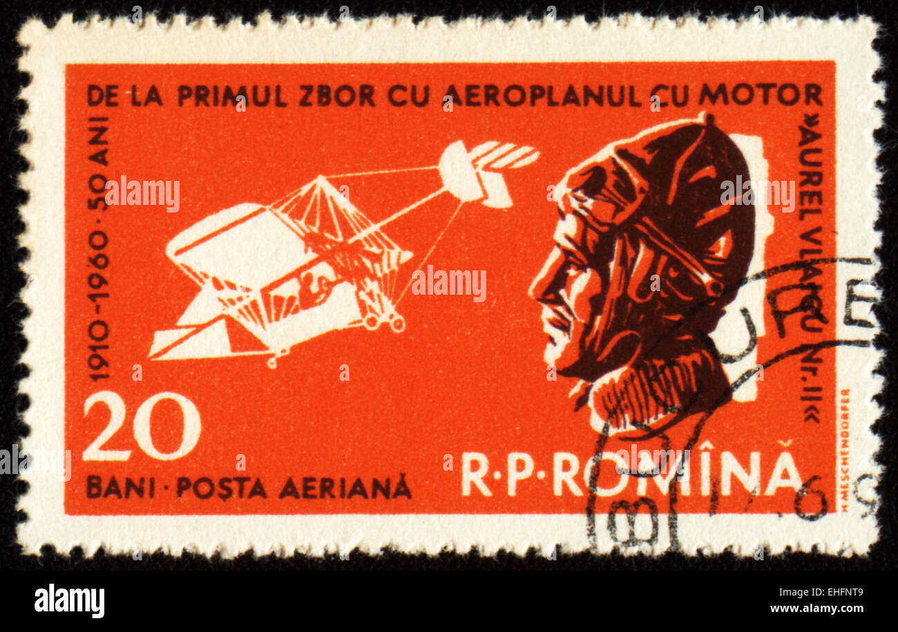 ROMANIA - CIRCA 1960: A stamp printed in Romania shows 50 years after the first powered airplane flight by Aurel Vlaicu Stock Photo