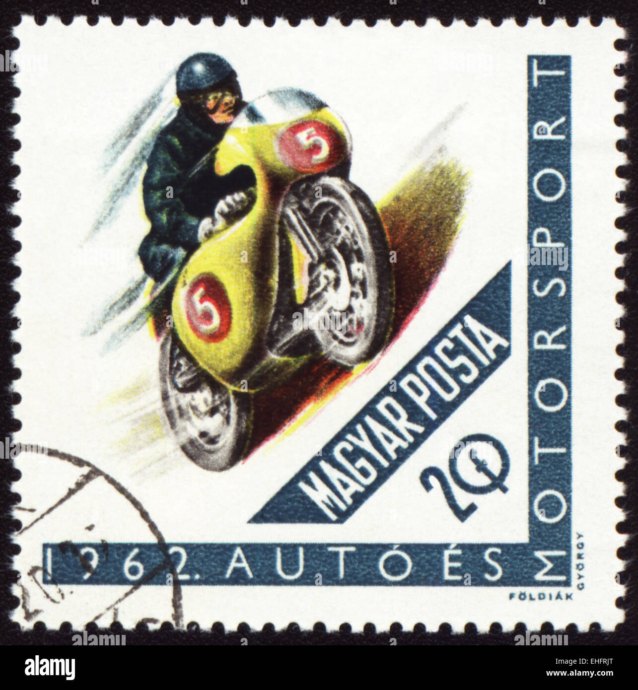 HUNGARY - CIRCA 1962: A stamp printed in Hungary shows motorcyclist Stock Photo
