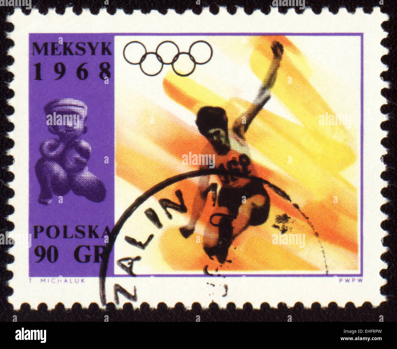 POLAND - CIRCA 1968: A post stamp printed in Poland shows broad jump Stock Photo