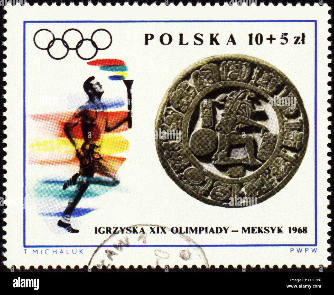 POLAND - CIRCA 1968: A post stamp printed in Poland shows sportsman with torch Stock Photo