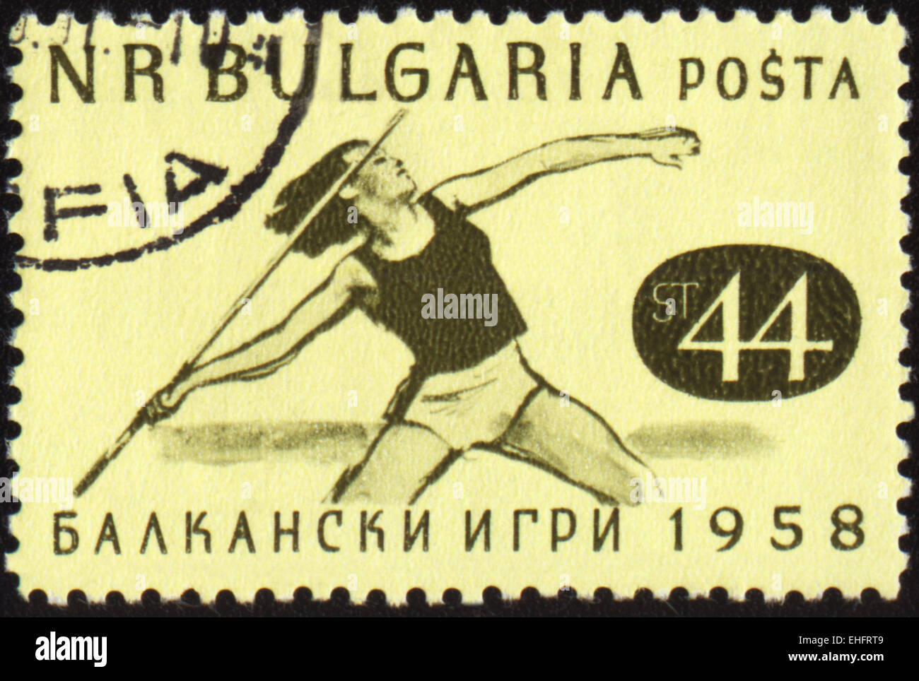 BULGARIA - CIRCA 1958: A post stamp printed in Bulgaria shows javelin throwing Stock Photo