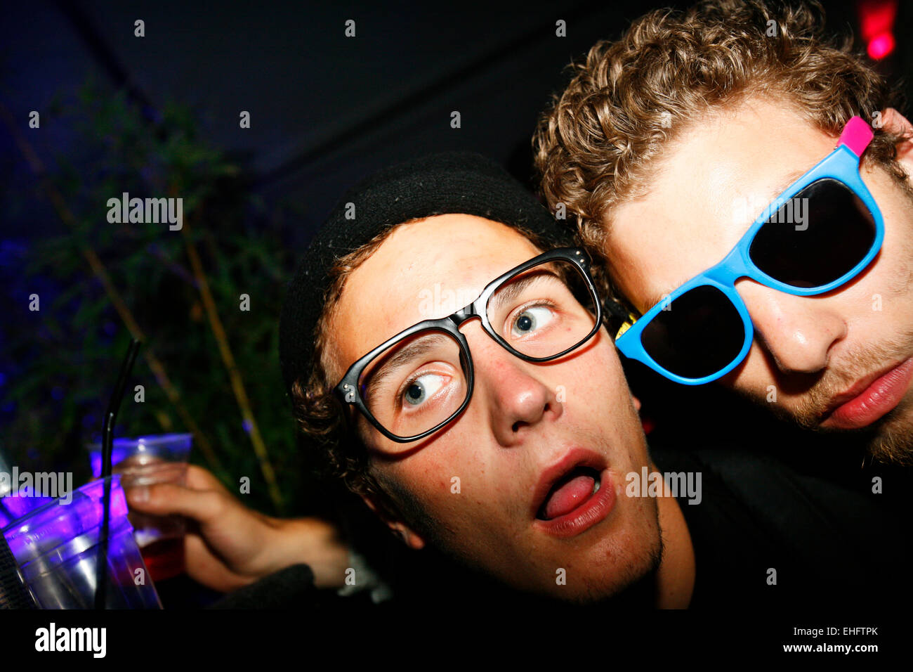 Two mates in sunglasses at TDK Cross Central Festival 2007 at Canvas in Kings Cross in London. Stock Photo