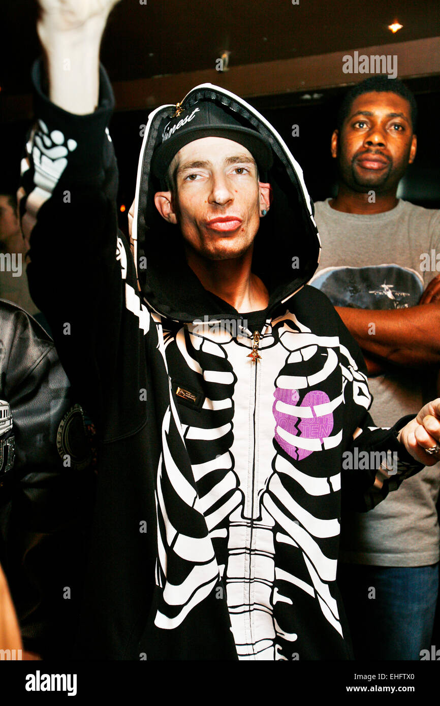 Skinnyman in a skelton costume at Ring The Alarm at 6ft Anda Shoreditch London. Stock Photo