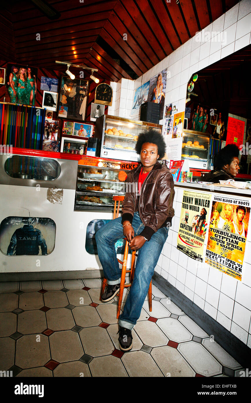 Portrait of Benga in a Jamaican food shop in Brixton. Stock Photo