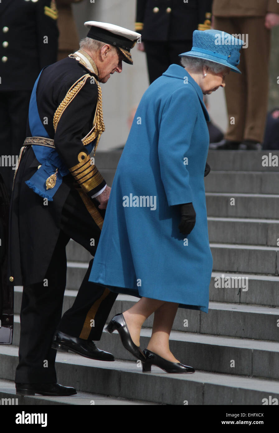 London, UK. 13th March, 2015. Prince Philip, Duke of Edinburgh and Queen Elizabeth II attend a Service of Commemoration for troo Stock Photo