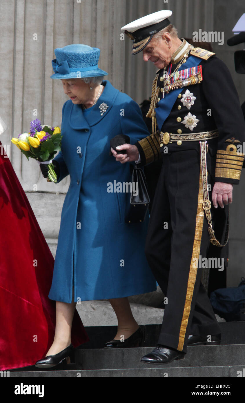 London, UK. 13th March, 2015. Prince Philip, Duke of Edinburgh and Queen Elizabeth II attend a Service of Commemoration for troo Stock Photo