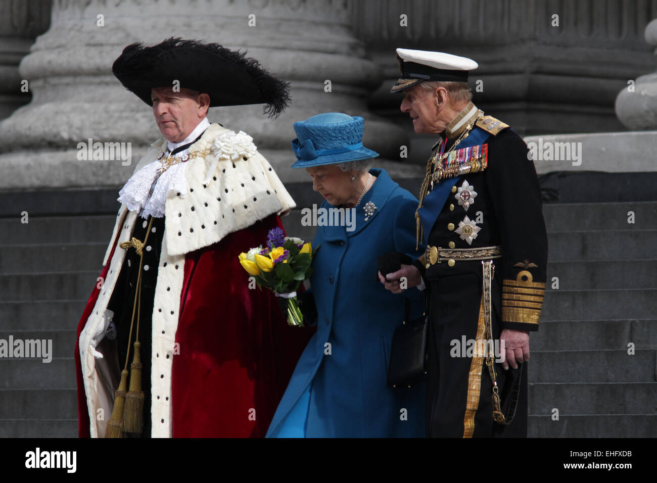 London, UK. 13th March, 2015. Prince Philip, Duke of Edinburgh and Queen Elizabeth II attend a Service of Commemoration for troo Stock Photo