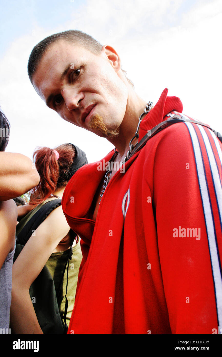 Guy in red jacket at the AntiSonar party Barcelona Stock Photo Alamy