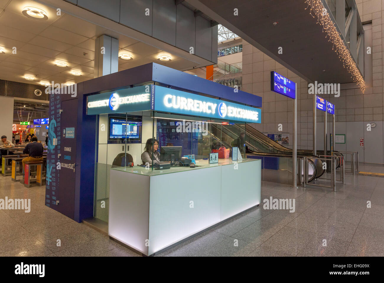 Currency Exchange at the Frankfurt International Airport Stock Photo