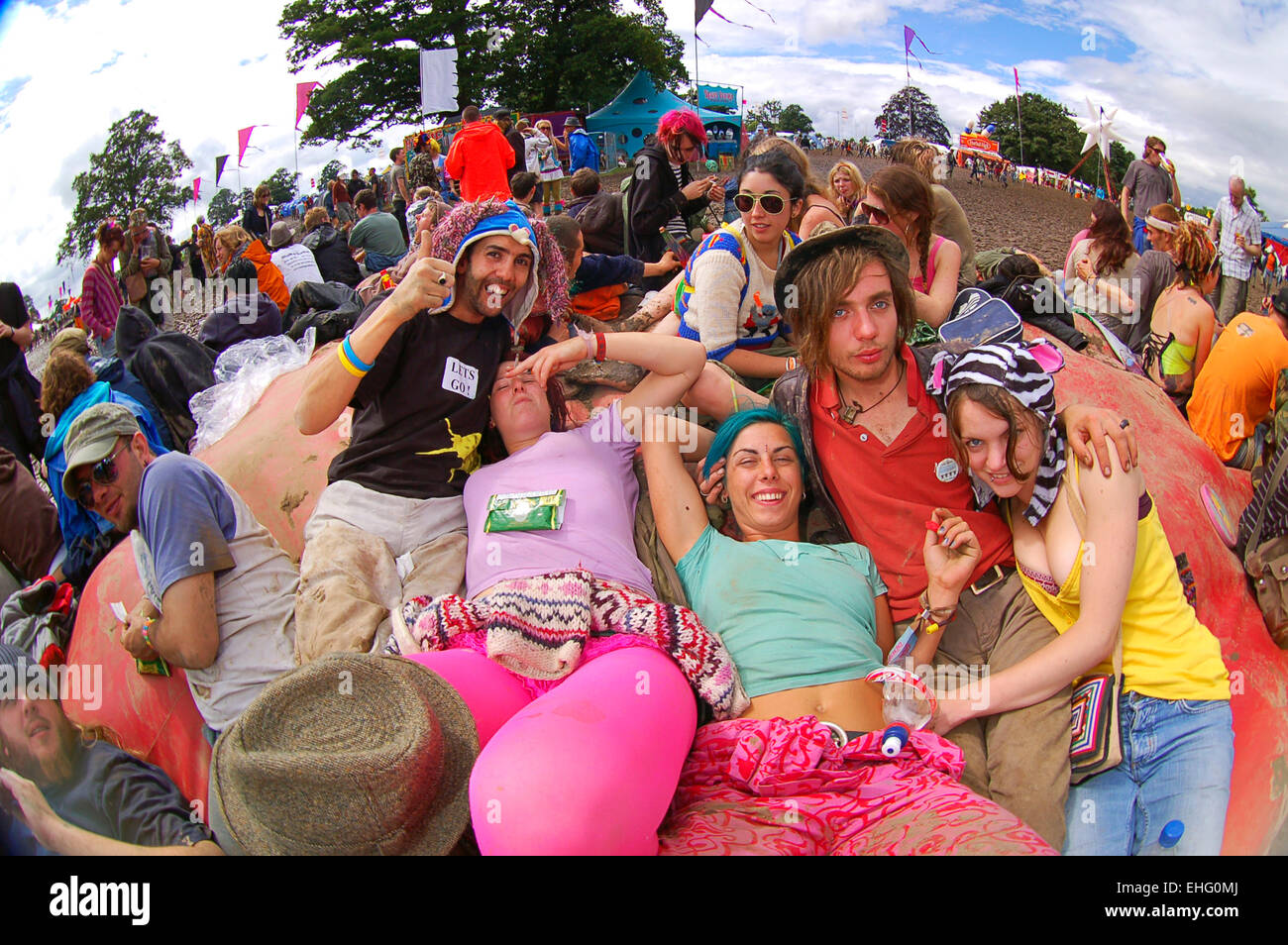 Mates hanging out at the Glade Festival. Stock Photo