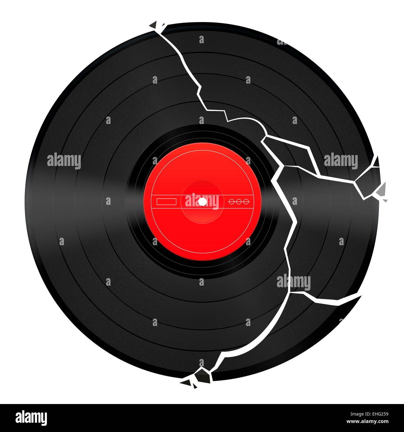 Broken vinyl record with unlabeled red center. Stock Photo