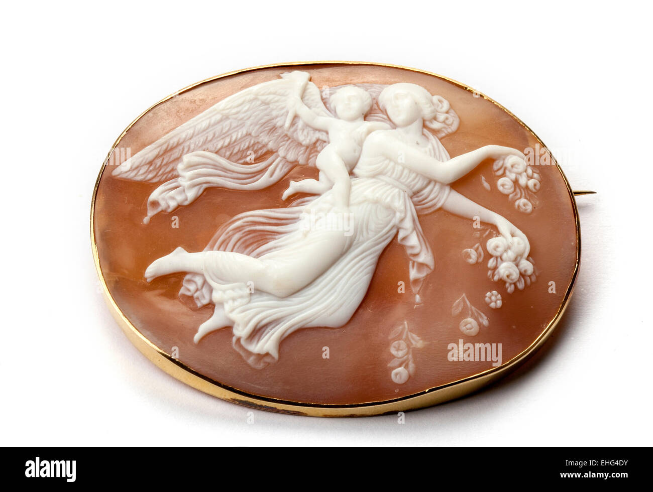 Shell cameo brooch showing the winged goddess of the dawn Eos. Stock Photo