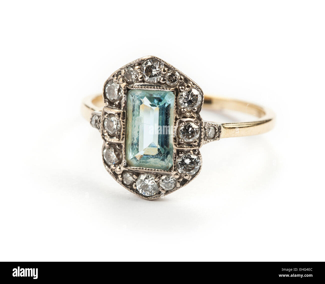Art Deco aquamarine and diamond gold ring. Stock Photo