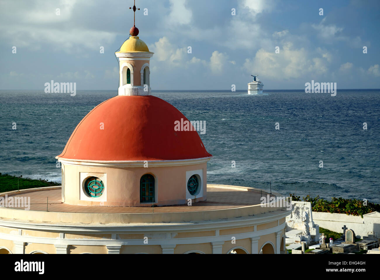 Chapel, San Juan Cemetery (Santa Maria de Pazzis) and cruise ship in distance, Old San Juan, Puerto Rico Stock Photo