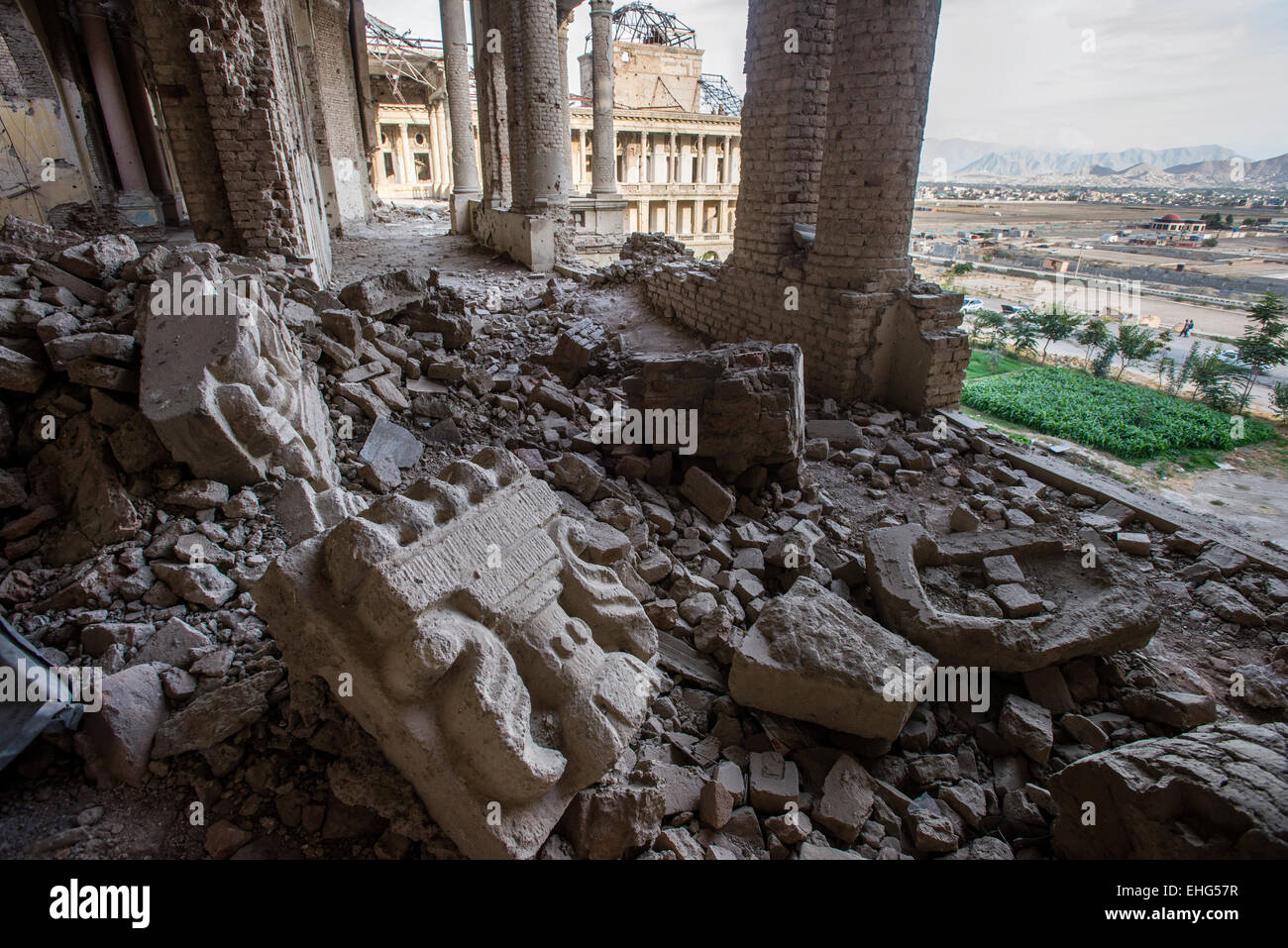 Pieces of stone interior details of Darul Aman Palace, ruined during Mujahideen factions fought for control of Kabul in the early 1990s, Kabul, Afghanistan Stock Photo