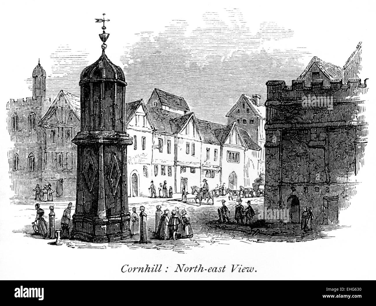 An engraving of a North-east View of Cornhill, London scanned at high resolution from a book printed in 1867. Stock Photo