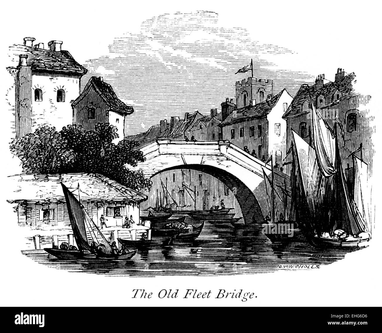 An engraving of The Old Fleet Bridge, London scanned at high resolution from a book printed in 1867. Stock Photo