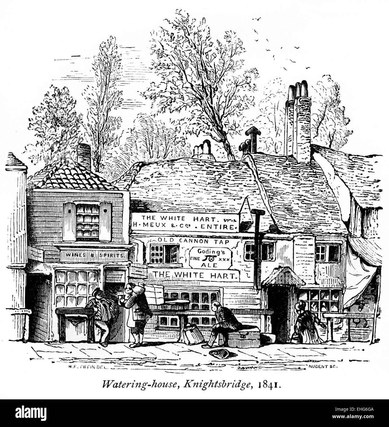 An engraving of a Watering House (The White Hart), Knightsbridge in 1841 scanned at high resolution from a book printed in 1867. Stock Photo