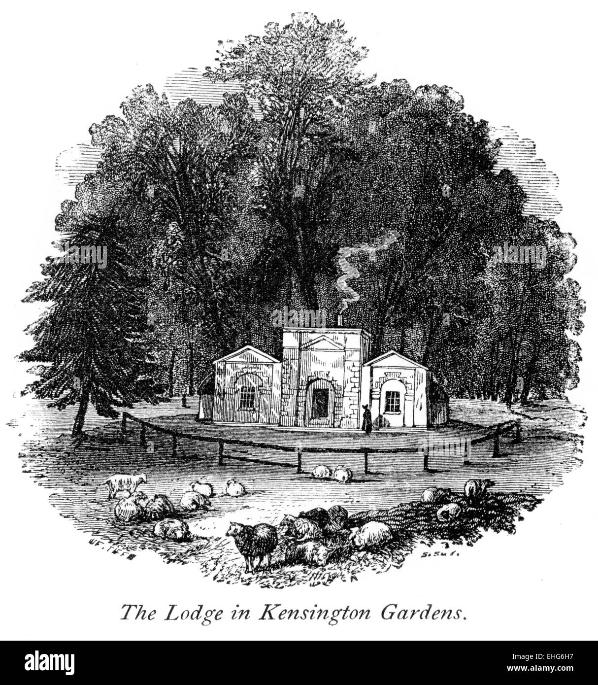 An engraving of The Lodge in Kensington Gardens scanned at high