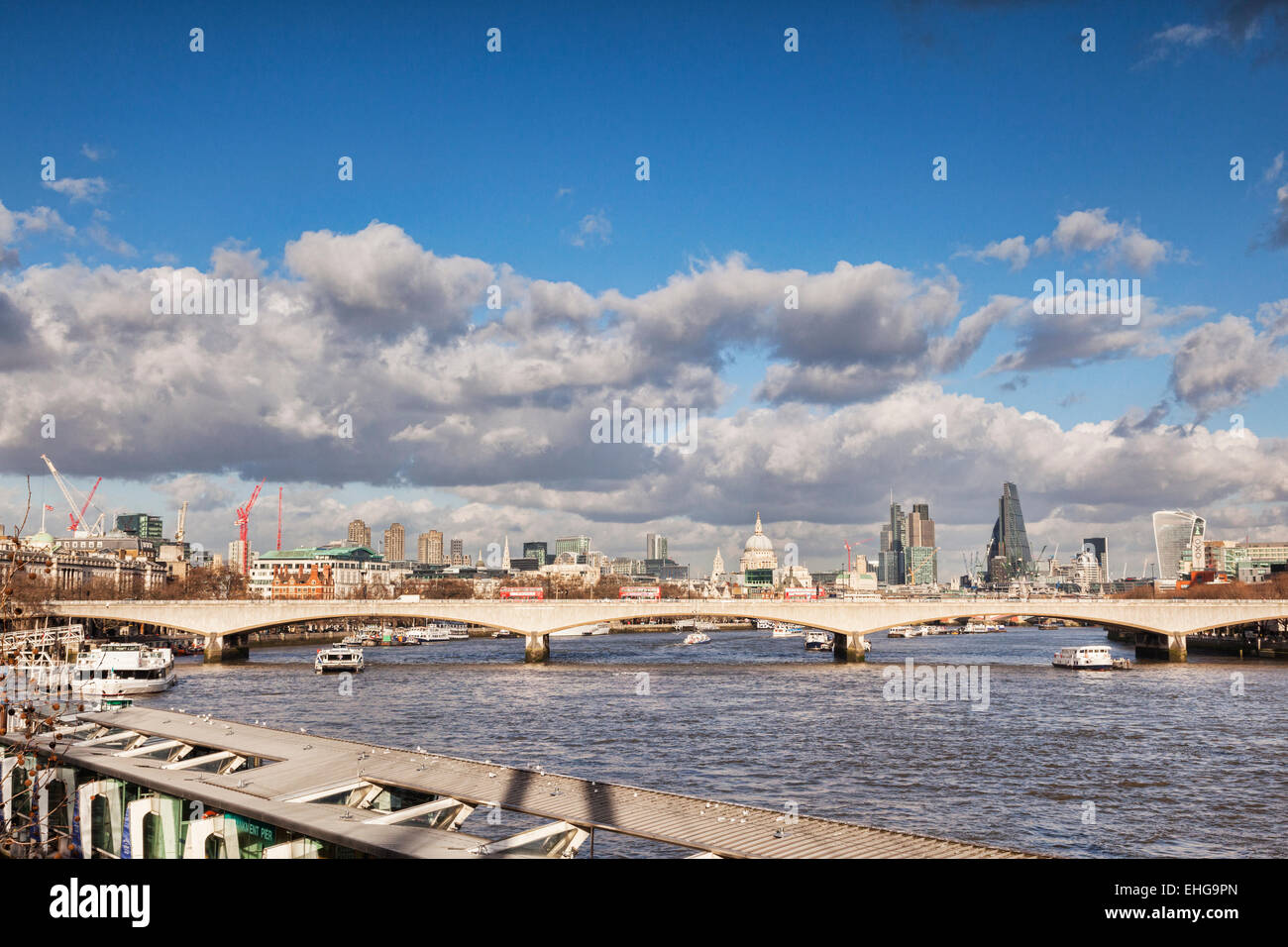 London skyline with Waterloo Bridge, St Paul's Cathedral, the Cheese Grater and the Walkie Talkie. Stock Photo