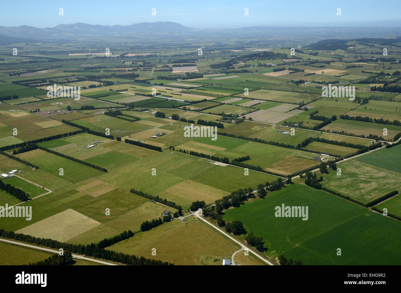 Aerial of dairy and cropping farms in Canterbury, South Island, New