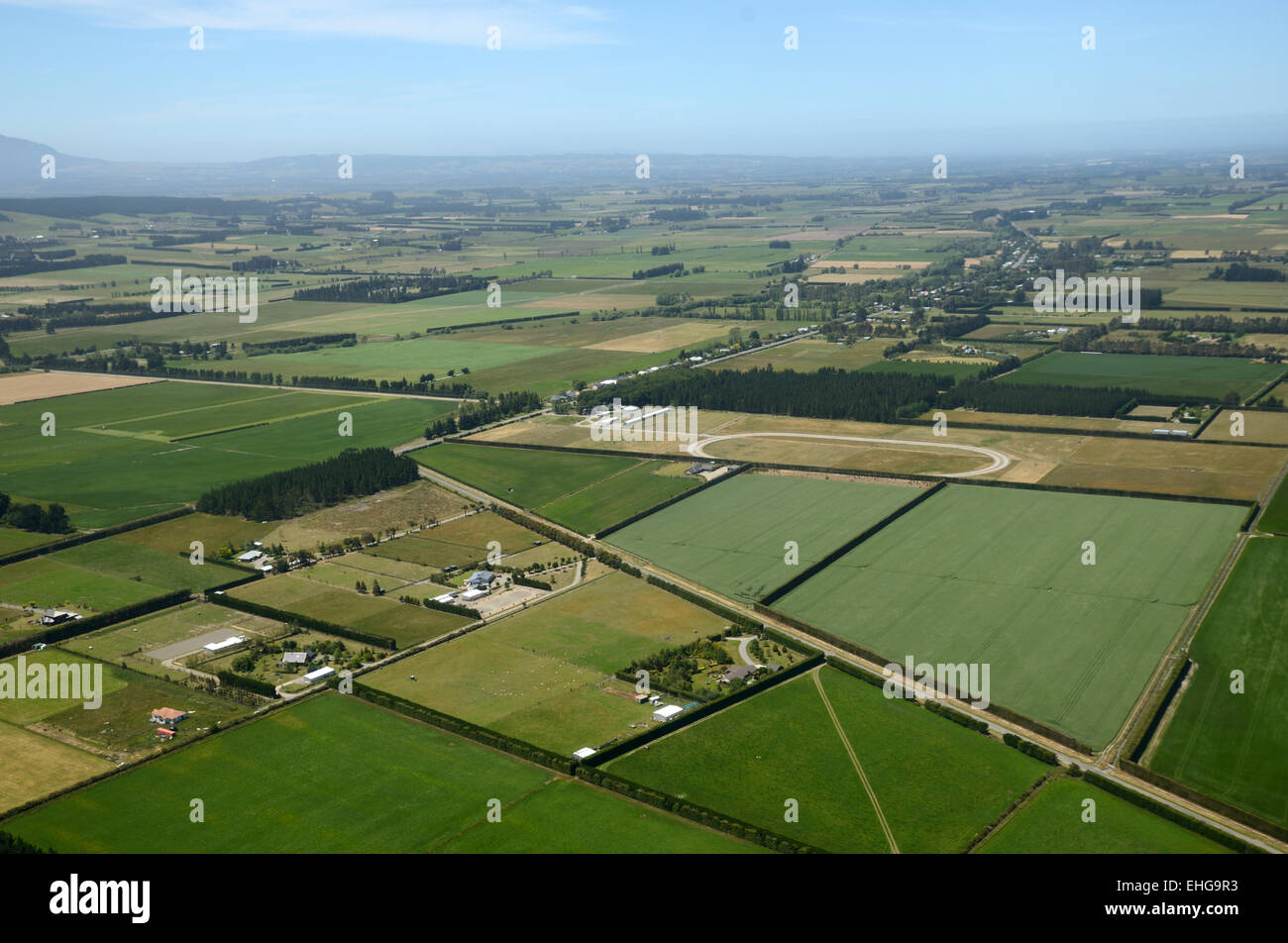 Aerial of dairy and cropping farms in Canterbury, South Island, New