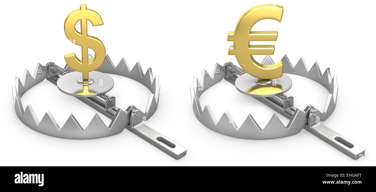 Dollar and yen symbols in a bear trap Stock Photo - Alamy