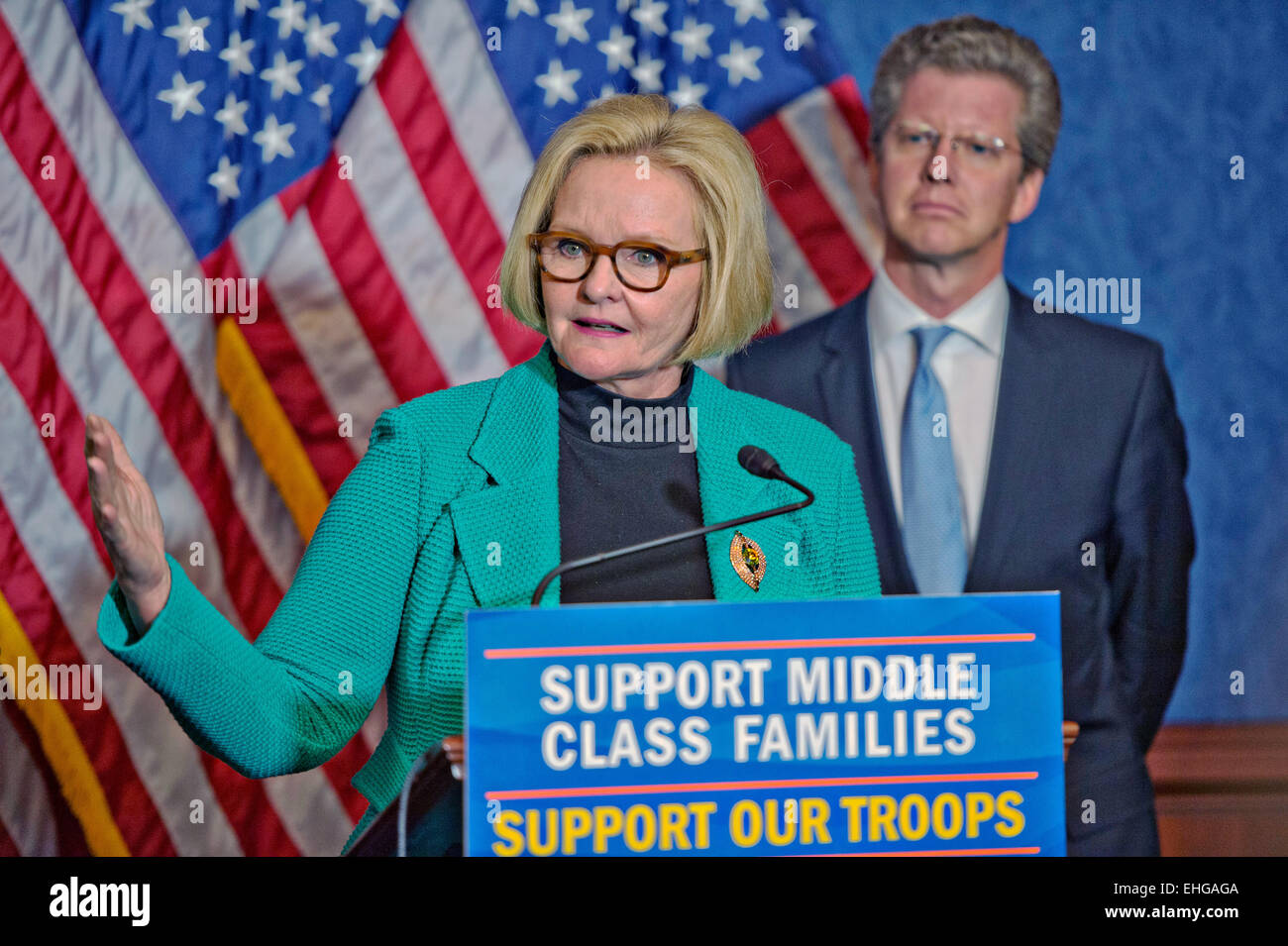 Democratic Senator Claire McCaskill and Budget Director Shaun Donovan during a press conference to urge Republicans to support relief from the upcoming sequestration spending caps March 12, 2015 in Washington, DC. Stock Photo