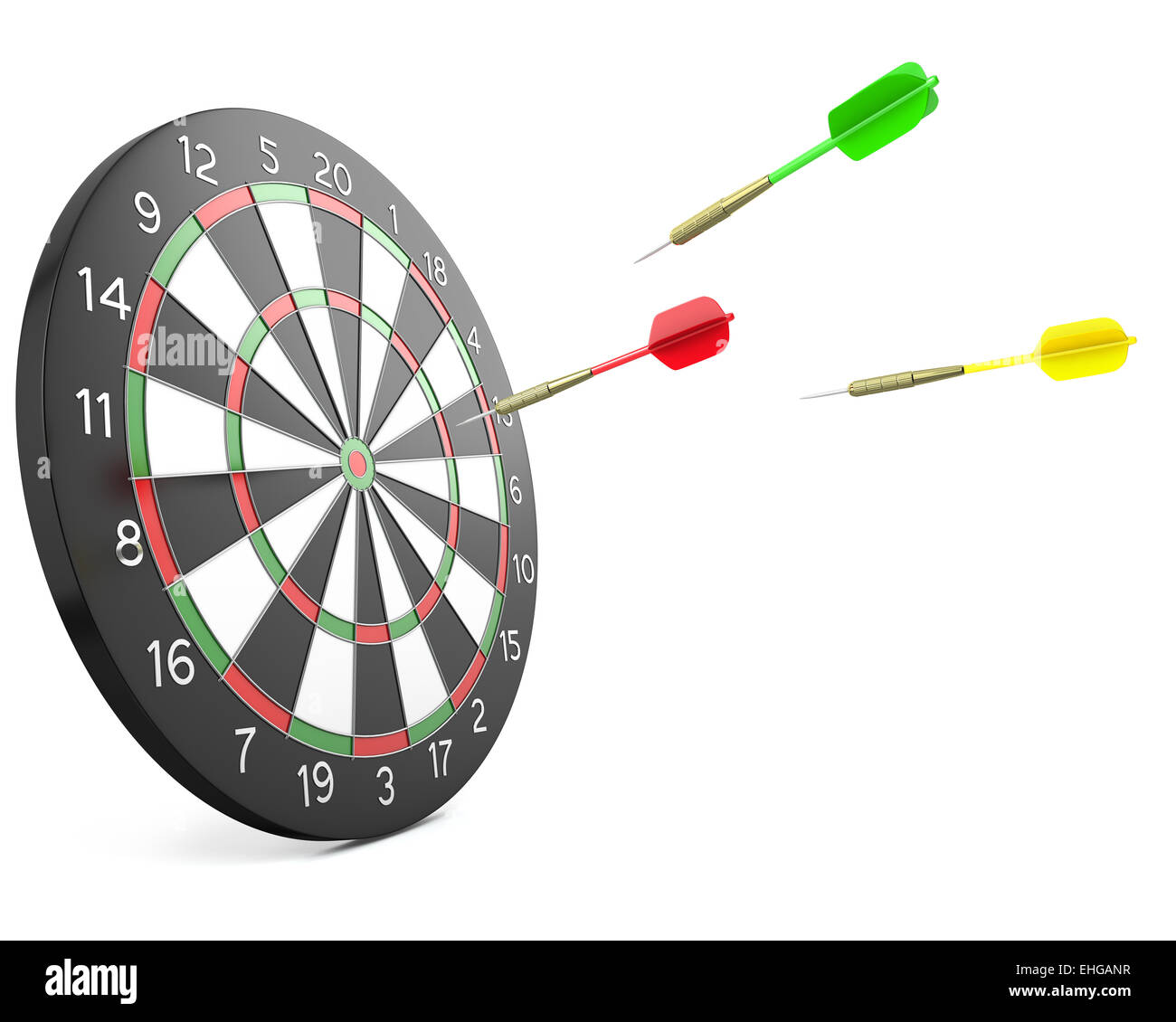 Three darts arrows flying into board Stock Photo Alamy