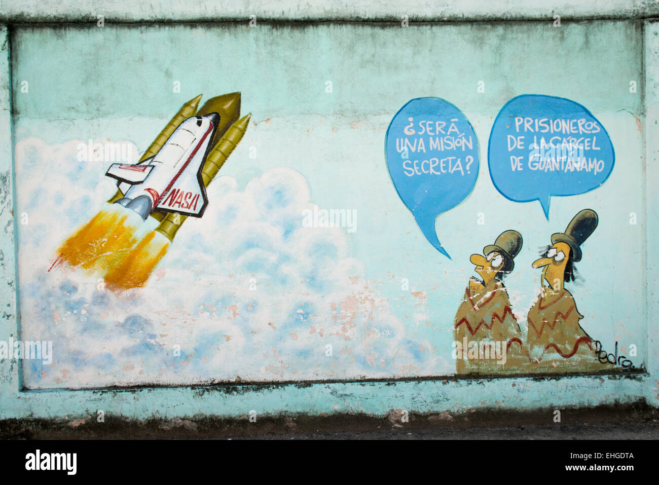 Cuba Santa Clara series political extreme anti US USA North American cartoon cartoons murals walls rocket Guantanamo prisoners ! Stock Photo