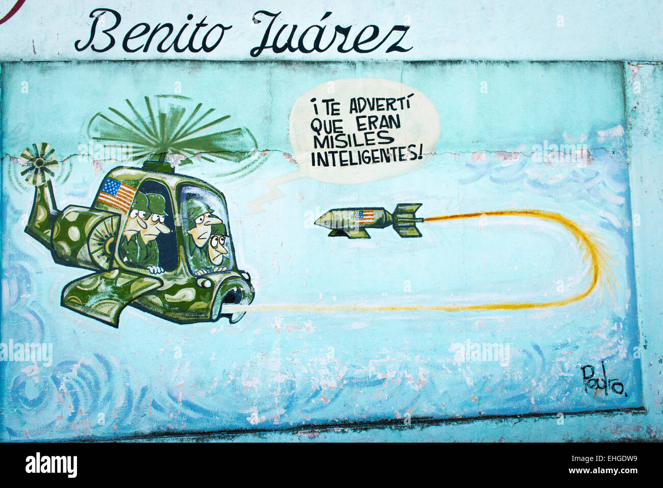 Cuba Santa Clara series of political extreme anti US USA North American cartoon cartoons murals walls helicopter rocket missile Stock Photo