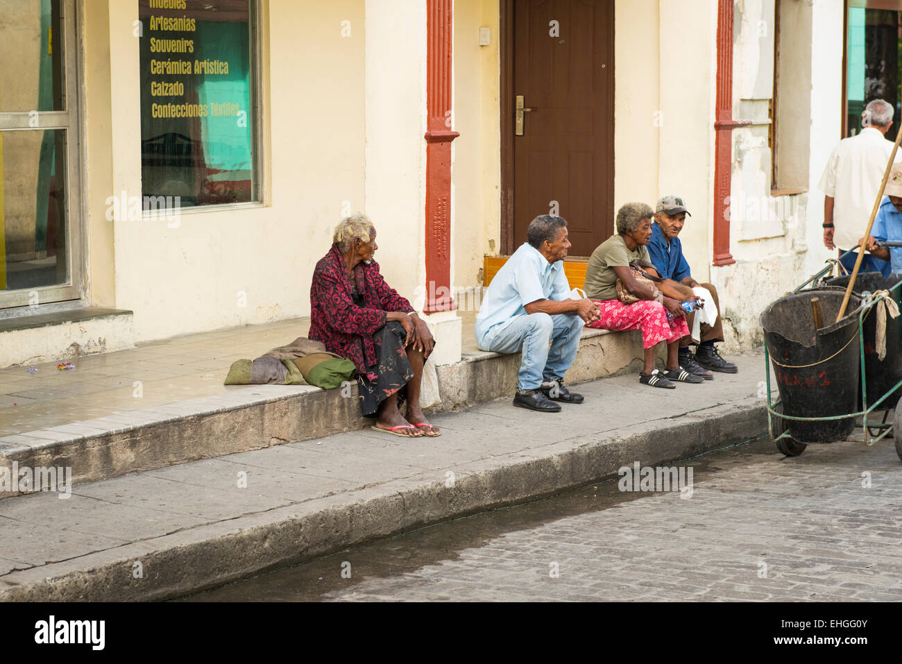 Cuba Santa Clara Street Scene Old Men Women Sitting Sit On