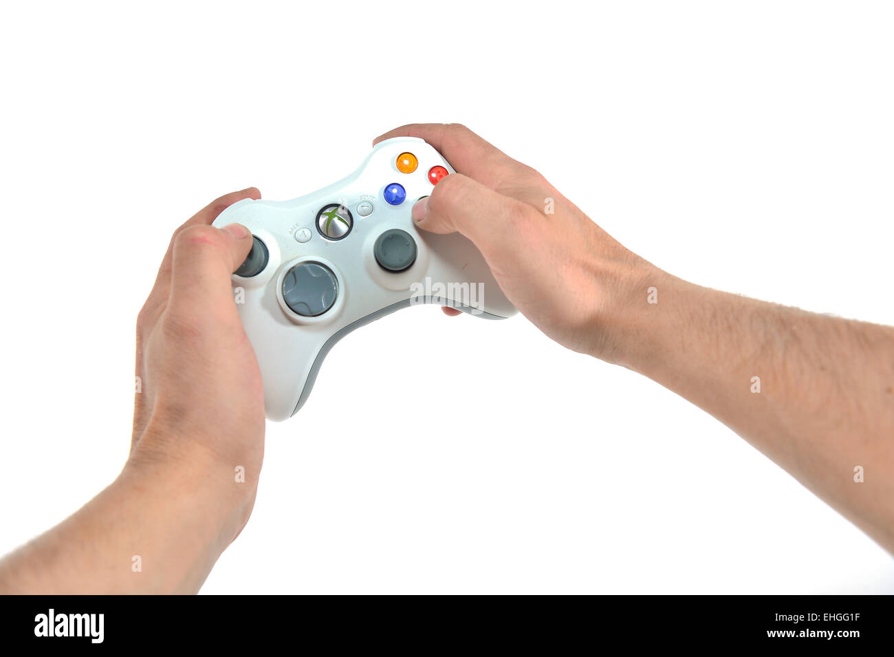 first person view of a person playing with an xbox 360 Microsoft controller  Stock Photo - Alamy