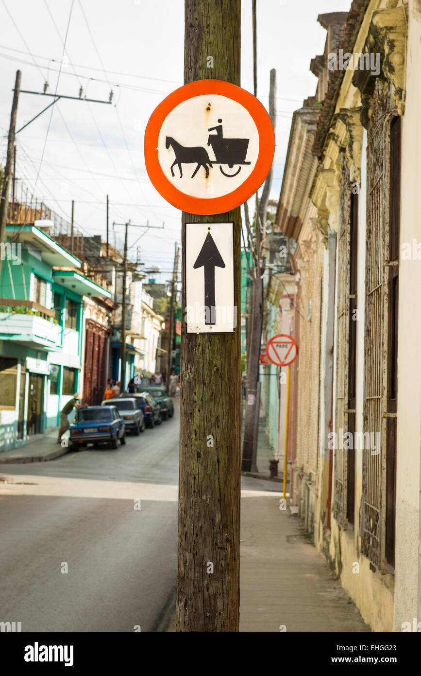 Cuba Santa Clara road street scene - no entry for horse & cart carts Stock Photo