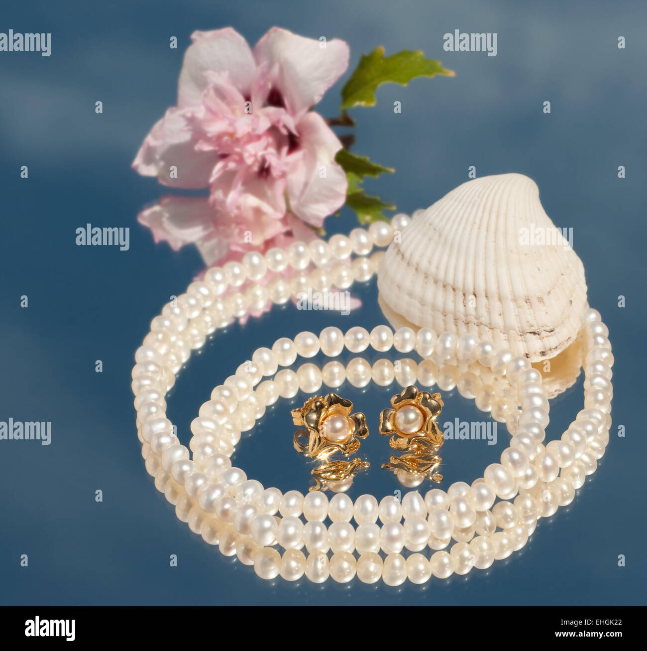 Two golden pearl ear rings inside a pearl necklace, with a seashell and a hibiscus  blossom Stock Photo