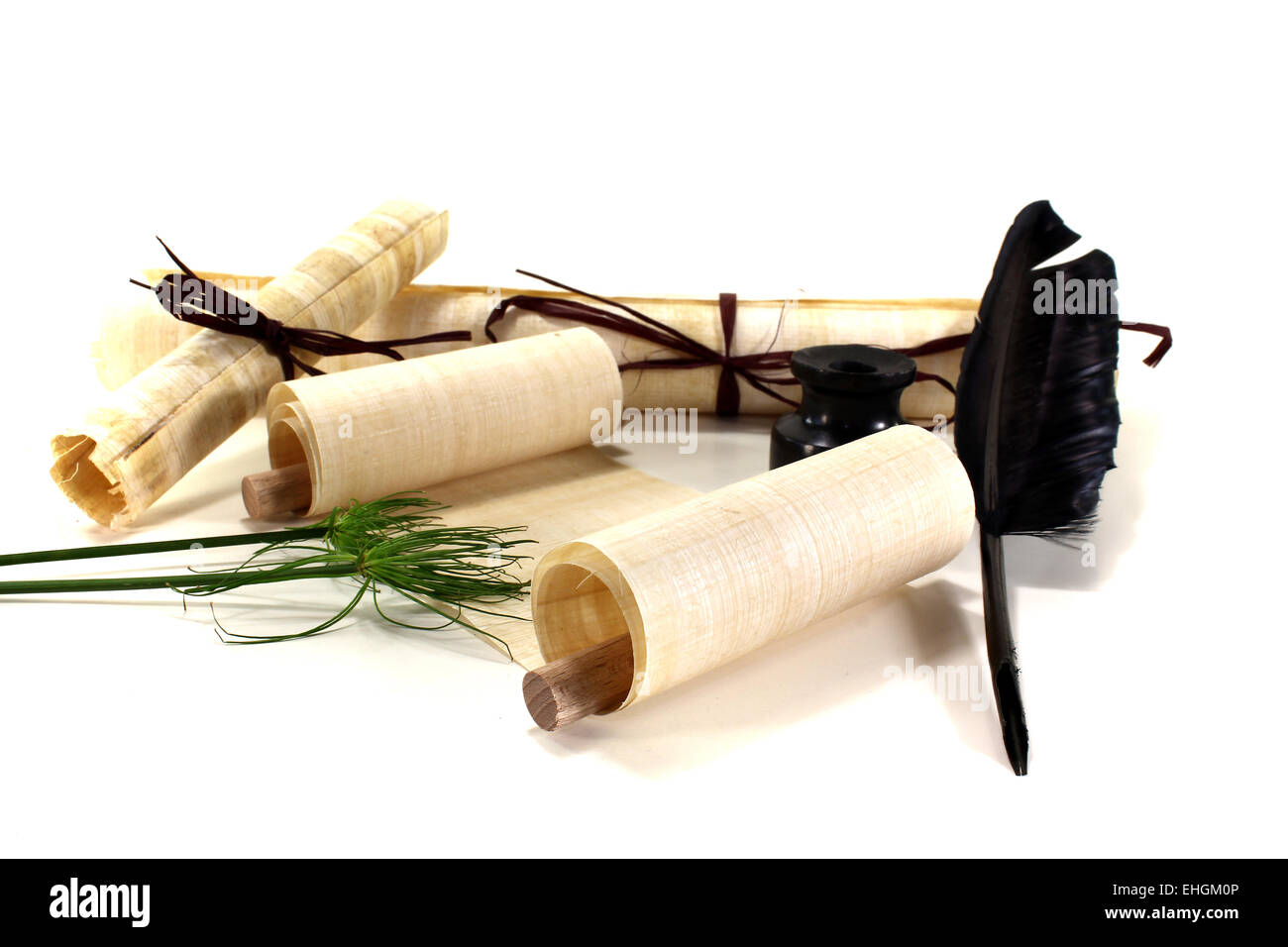 papyrus scroll with inkwell and inkpot Stock Photo