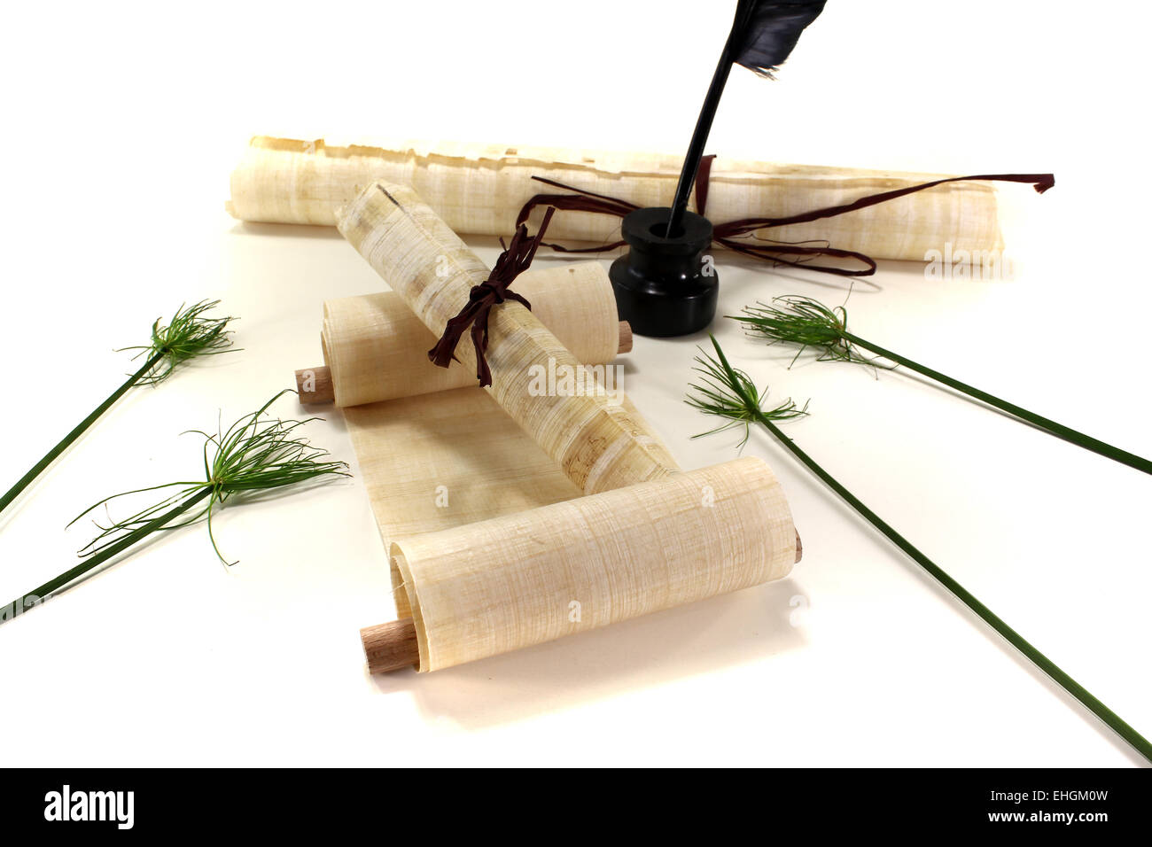 papyrus scroll with inkwell and papyrus Stock Photo