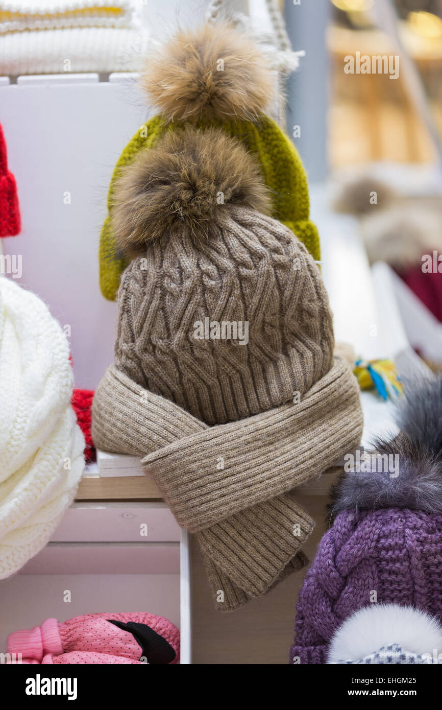 Sale knitted winter hats, scarves and mittens Stock Photo