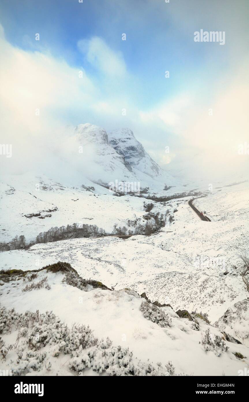 Glencoe in the Scottish Highlands covered in winter snow Stock Photo