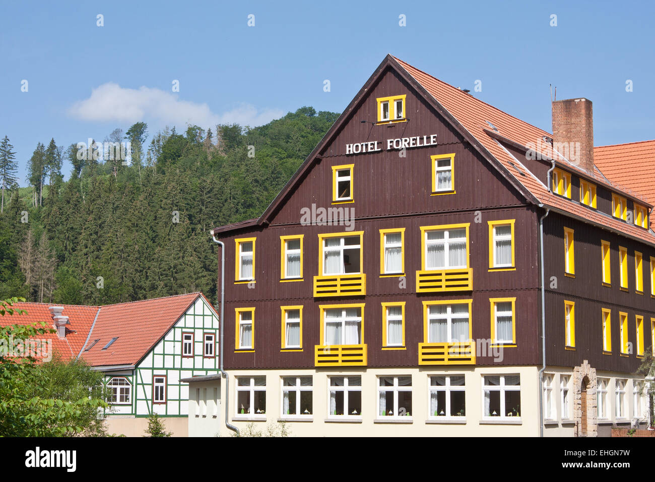 Hotel Forelle in the town Treseburg Stock Photo