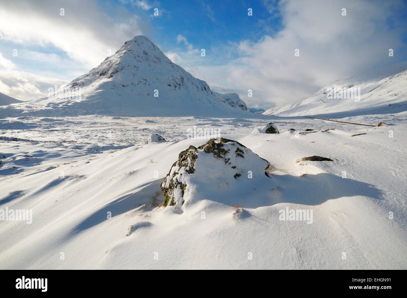 Glencoe in the Scottish Highlands covered in winter snow Stock Photo