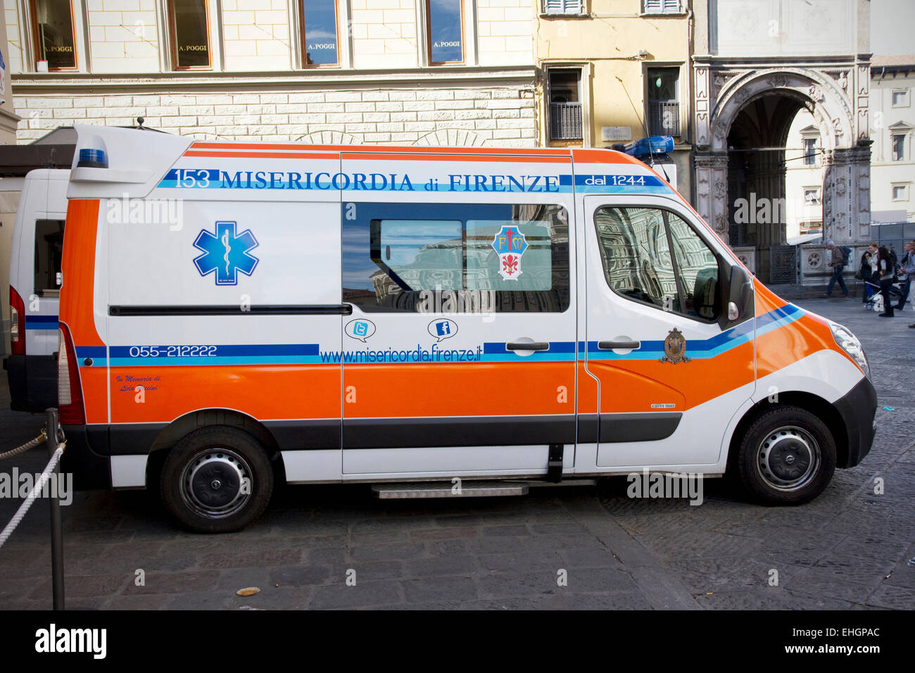 Misericordia di Firenze ambulance, Piazza del Duomo, city centre, Florence, Tuscany, Italy. Stock Photo