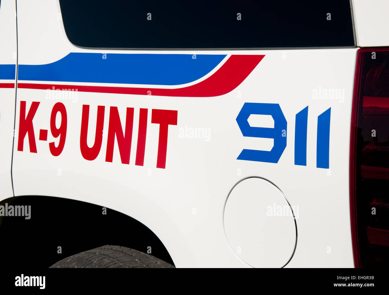 Decals on K-9 unit vehicle of law enforcement Stock Photo