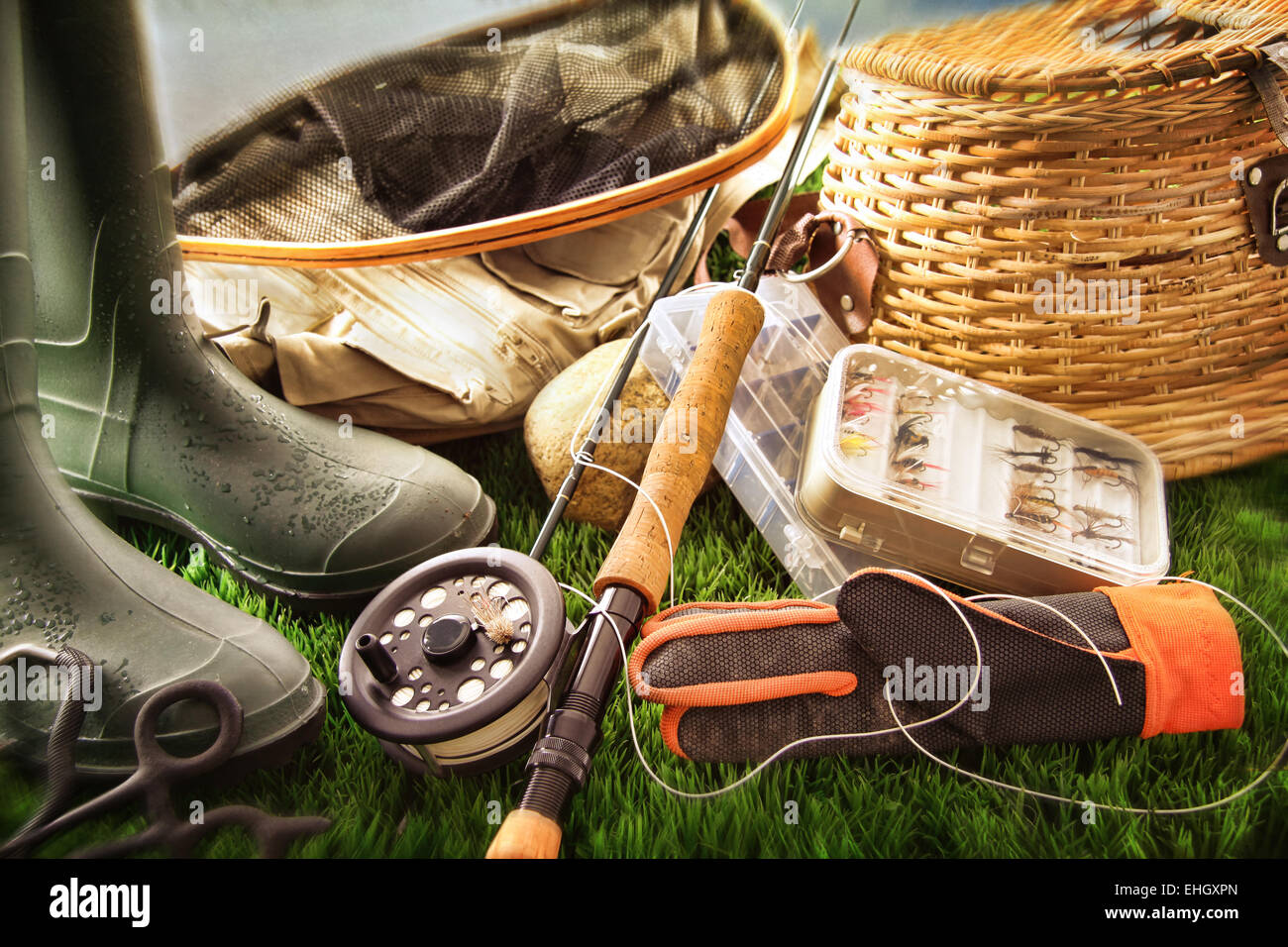 Fly fishing equipment on grass Stock Photo Alamy